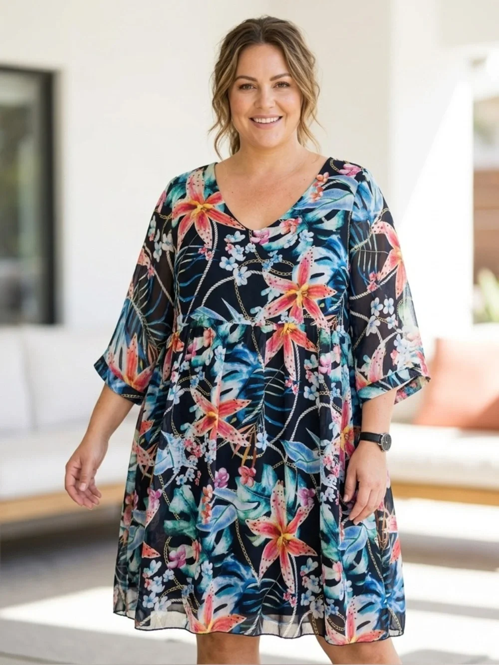 angela moda silk dress Dresses | Angela Moda Silk Floral Vneck Midi Dress With Multicolor Tropical  Print